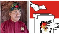 Kolase: Petajuh Bendesa Agung Bidang Kelembagaan dan Sumber Daya Manusia, Majelis Desa Adat (MDA) Provinsi Bali, Dr. Made Wena (kiri) dan ilustrasi Pemilu Serentak 2024 (kanan). (BB/Wena/Perludem)