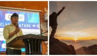 Ketua KMHDI Denpasar I Gusti Putu Mahardika (Gus Wah) dan aktivitas seorang pendaki mencapai puncak gunung. (WB/Dok pribadi/getlost.id)