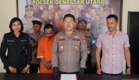 Foto: Kapolsek Denpasar Utara Iptu Putu Carlos Dolesgit (tengah) didampingi Kanit Reskrim Ipda Kadek Astawa Bagia (kanan) saat gelar kasus pencurian di Polsek Denpasar Utara, Jumat (4/8/23). (Sumber: Polsek Denpasar Utara/Dewa Fathur)