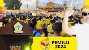Foto: Visual Art Pemilu 2024, antusiasme masyarakat Badung hadiri Kampanye Bahagia Golkar di Penarungan, (kiri-kanan) Ketum DPP Golkar, Airlangga Hartato dan Ketua DPD Golkar Badung, I Wayan Suyasa. (Gung Krisna/wacanabali.com)
