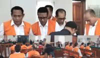 Kolase foto: Lima terdakwa dihadirkan dalam sidang perdana kasus dugaan investasi bodong PT DOK di PN Denpasar, Kamis (14/3/24). (Sumber: Dewa Fathur/wacanabali.com)