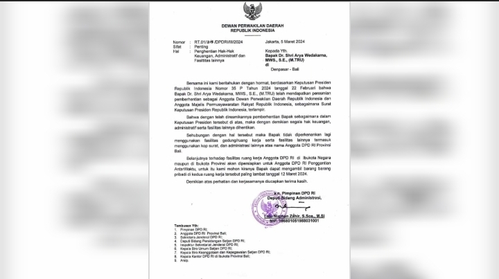 Surat Penghentian Fasilitas AWK sebagai Anggota DPD. (Dok. Istimewa/wacanabali.com)