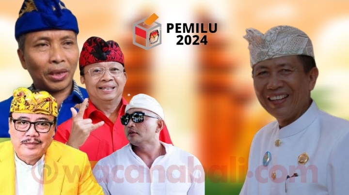 Foto: Visual art Wacana Pilgub Bali 2024, (kiri) Made Mudarta, Wayan Koster, Sugawa Korry dan Made Muliawan Arya. (Kanan) Mangku Pastika, Jumat (8/3/24). (Gung Kris/wacanabali.com)