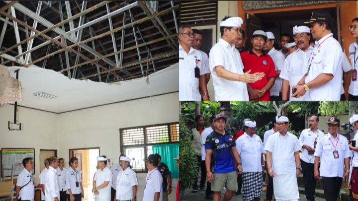 Foto: Kolase. Sekda Badung Adi Arnawa, meninjau lokasi bencana pohon tumbang yang menimpa gedung SDN 3 Bongkasa di Banjar Kambang Desa Bongkasa Abiansemal, Badung, Rabu (13/3/24). (Humas Badung/wacanabali.com)