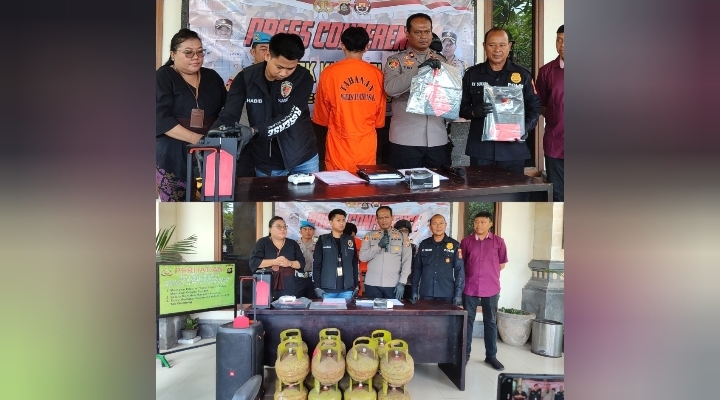 Foto: Kolase pengungkapan kasus pencurian tabung gas oleh Polsek Kuta Selatan, Kamis (28/3/24). (Gung Kris/wacanabali.com)