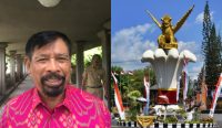 Kolase Foto: (Kiri) Kader Senior PDI Perjuangan I Ketut Rochineng (Kanan) Patung Singa Ambara Raja Icon Kota Singaraja Sumber: dok. Wacanabali.com