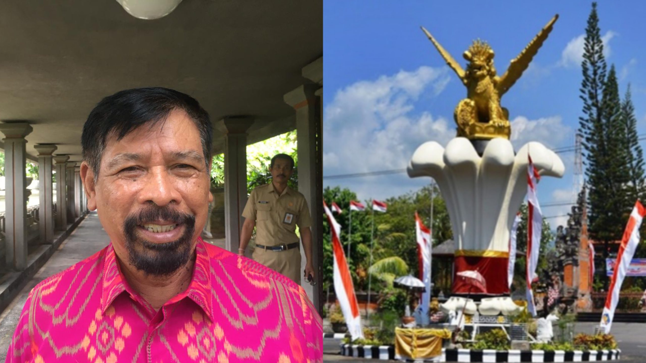 Kolase Foto: (Kiri) Kader Senior PDI Perjuangan I Ketut Rochineng (Kanan) Patung Singa Ambara Raja Icon Kota Singaraja Sumber: dok. Wacanabali.com