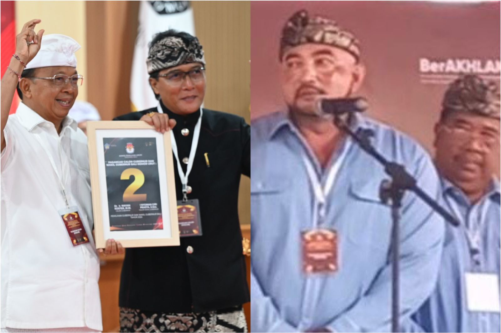 Foto: Pasangan calon (paslon) Koster-Giri (kiri) dan paslon Mulia-PAS saat pengundian dan penetapan nomor urut paslon Gubernur Bali, di Kantor KPU Bali, Senin(23/9/24). Sumber: Wacanabali.com