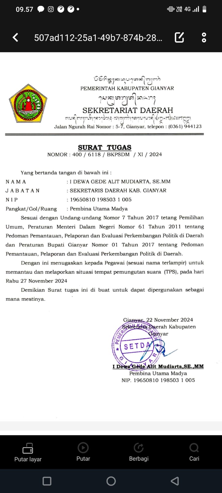 Foto: Surat Tugas Sekretaris Daerah Gianyar, I Dewa Gede Alit Mudiarta untuk Menugaskan ASN Melakukan Pemantauan dan Melaporkan Situasi TPS Pilkada 2024.