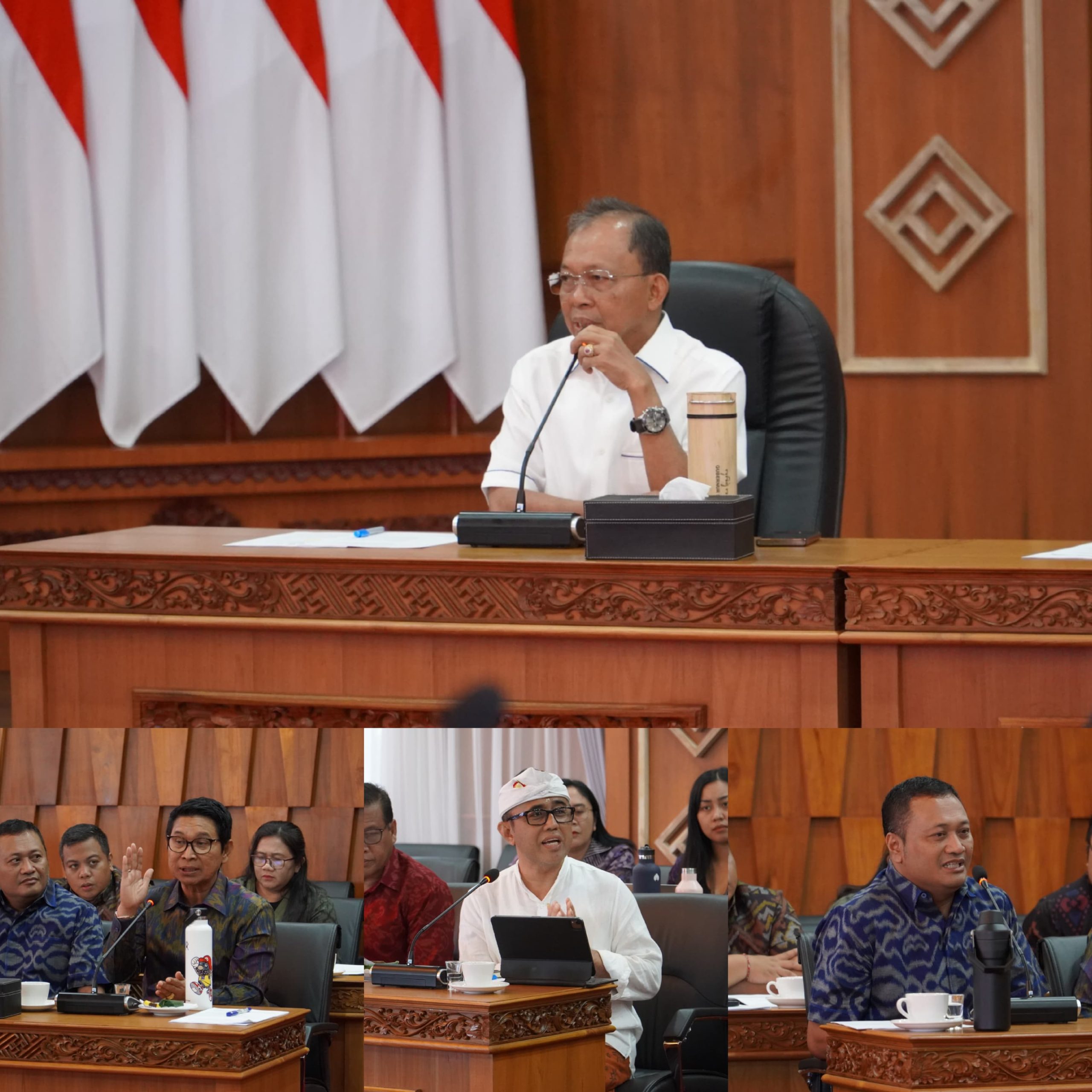 Foto: Gubernur Koster saat rapat koordinasi bersama Walikota Denpasar, Bupati Badung dan Bupati Gianyar. Sumber: Ist.