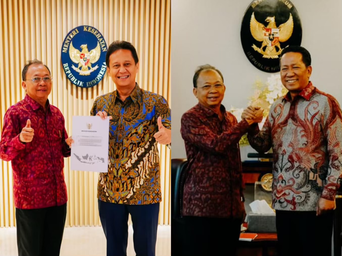 Gubernur Bali Wayan Koster bersama Menteri Kesehatan Budi Gunadi Sadikin dan Menteri Hukum Dr Supratman Andi Agtas usai pertemuan di Jakarta, Selasa (16/9/2025). Dalam kesempatan tersebut, Menkes menyatakan siap membantu pengadaan alat kesehatan (alkes) untuk RSUD Wangaya Denpasar yang terdampak banjir bandang. Sumber: dok/tim