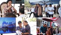 Foto: Gubernur Bali Wayan Koster dan Wakil Gubernur Bali I Nyoman Giri Prasta mendampingi Megawati Soekarnoputri meninjau kondisi abrasi di Pantai Kuta, Kabupaten Badung, Minggu (11/10/2026). Sumber: ist